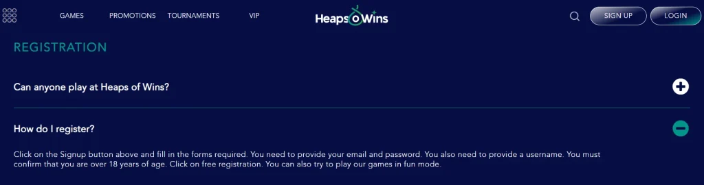 Current Heaps O Wins FAQ registration section showing the signup requirements