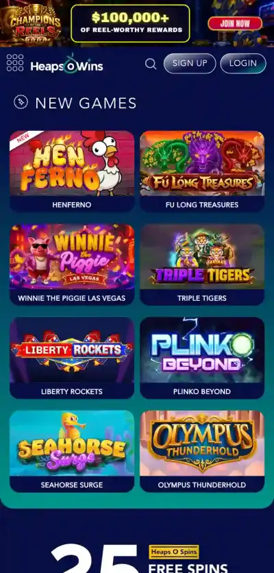 Current Heaps O Wins website displayed in a mobile browser viewport