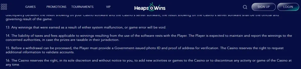 Official Heaps O Wins general terms section naming photo identification and proof of address for withdrawal verification