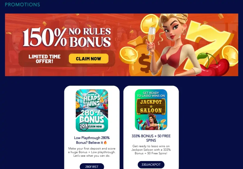 Current Heaps O Wins promotions and bonus rules screen