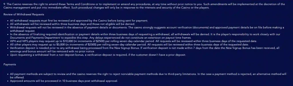 Heaps O Wins official finance terms showing withdrawal review processing and limits