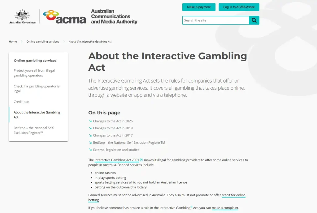 ACMA Interactive Gambling Act page explaining prohibited online casino services and 2026 reform timing